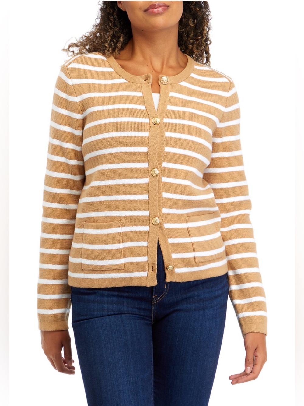 CROWN & IVY Striped Tan and White Button Front Cropped Sweater. 100% Cotton